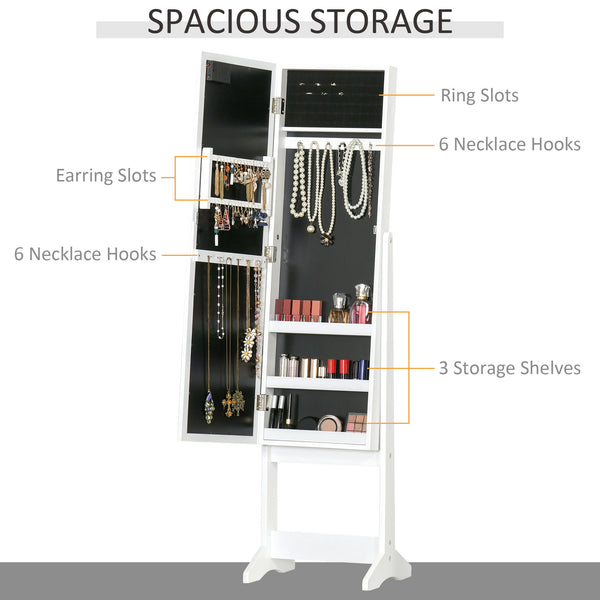 Armoire à bijoux sur pied avec miroir éclairé, angle réglable et 16 LED, blanc chaud