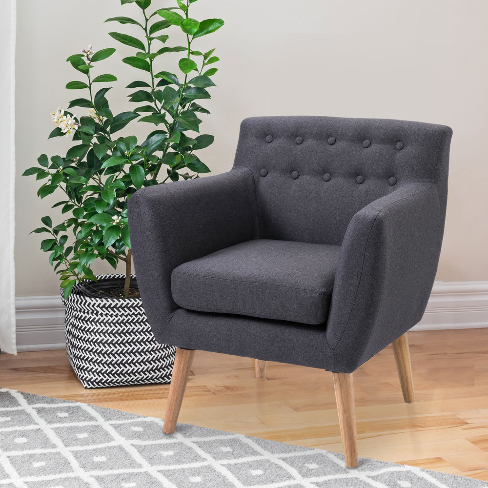 Fauteuil d'appoint en lin avec structure en bois et rembourrage épais, gris foncé