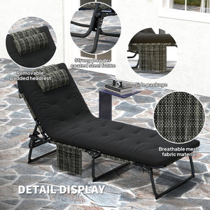 Chaise longue pliante avec dossier inclinable à 4 niveaux et coussin, noir