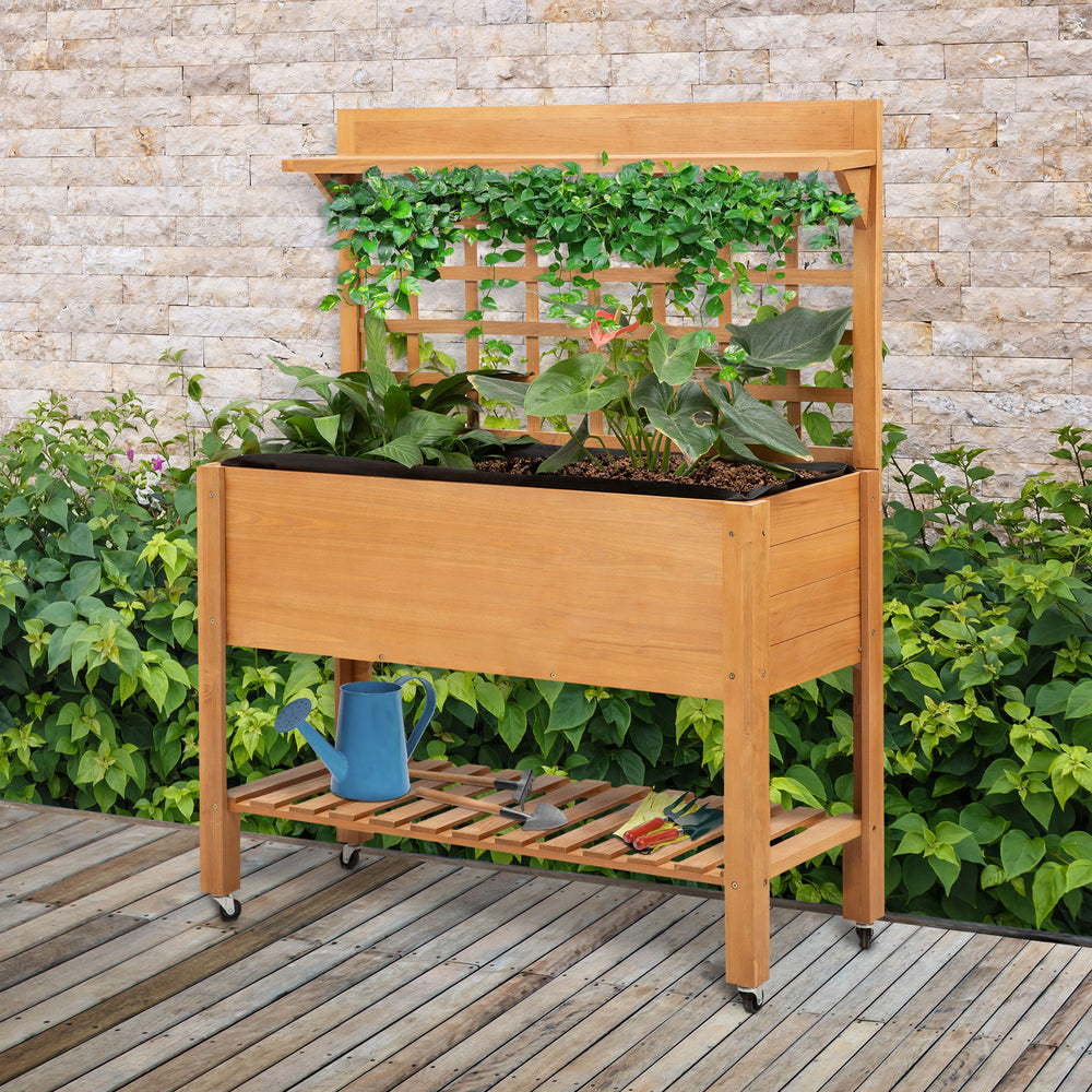 Jardinière surélevée en bois avec étagère et roulettes