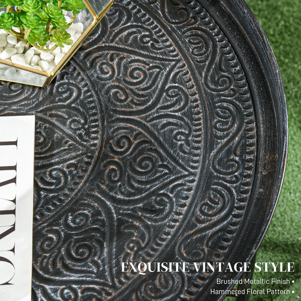 Table basse vintage ronde de 61 cm avec plateau martelé et structure en métal, couleur étain