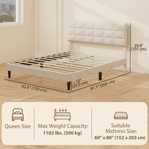 Cadre de lit Queen Size avec tête de lit rembourrée avec lattes en bois, capacité de charge de 500 kg, couleur crème