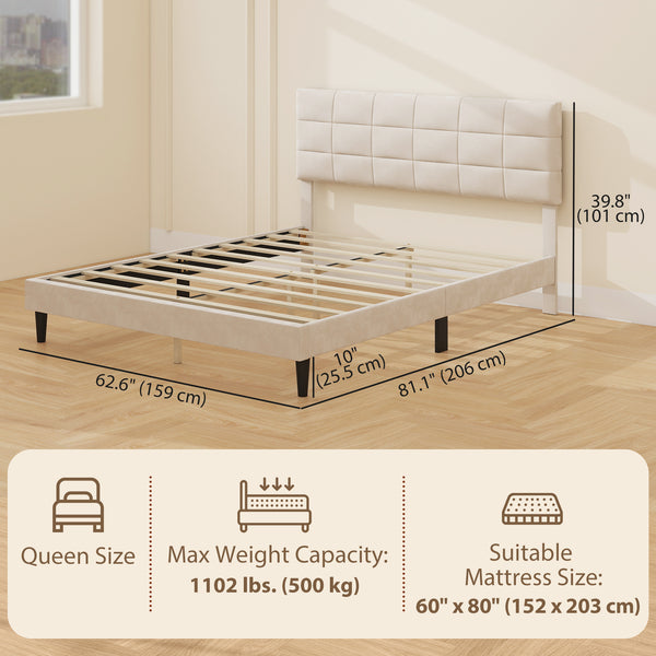 Cadre de lit Queen Size avec tête de lit rembourrée avec lattes en bois, capacité de charge de 500 kg, couleur crème