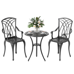 3 Pieces Patio Bistro Set, Cast Aluminum Outdoor Conversation Furniture Set, Coffee Table with Umbrella Hole, 2 Armchairs, Brown