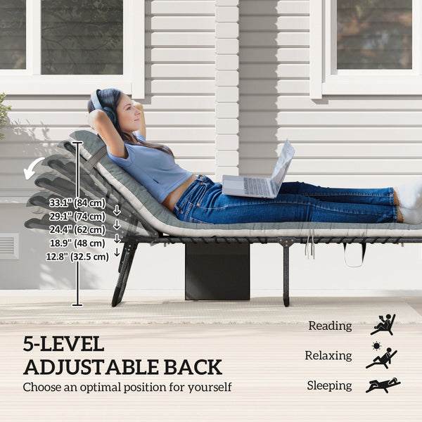 Outdoor Lounge Chair Set of 2, Folding Chaise Lounge Tanning Chair with Cushion, Side Pocket, Grey