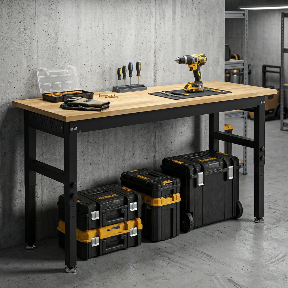 Établi robuste réglable en hauteur avec prises électriques, USB et panneau porte-outils – Bois naturel et noir