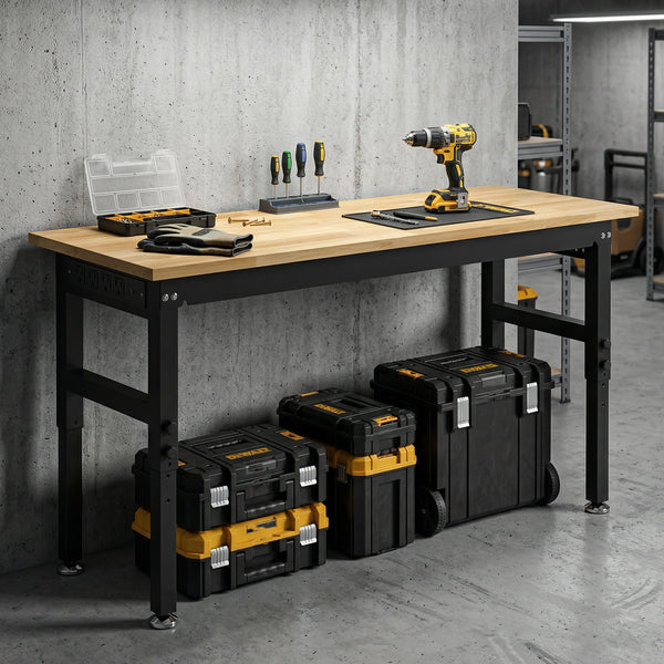 48" Adjustable Workbench, Heavy-Duty Work Table with Rubberwood Top, Power Outlets, Pegboard, 2000 LBS Capacity