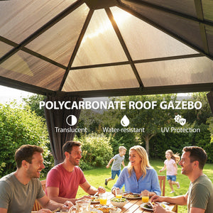 Gazebo toit rigide 10 pi x 10 pi avec structure en acier, crochet central et rideaux, gris clair, en polycarbonate anti-UV50+.