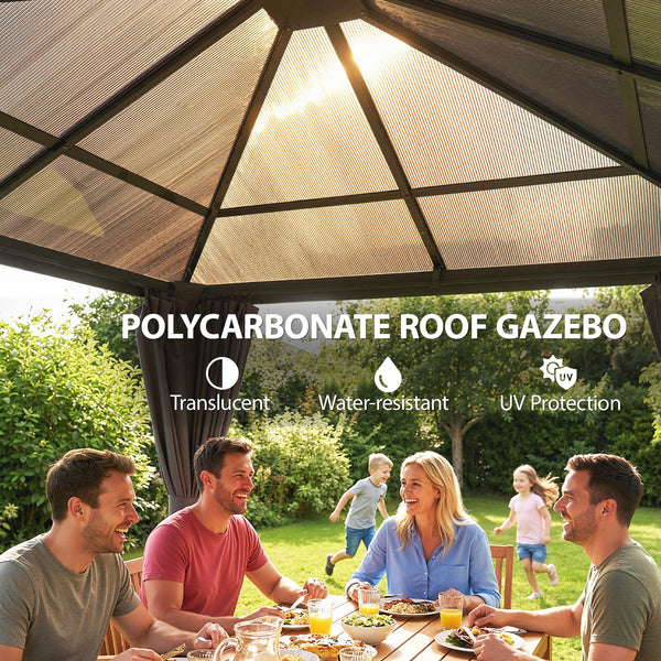 Gazebo toit rigide 10 pi x 10 pi avec structure en acier, crochet central et rideaux, gris clair, en polycarbonate anti-UV50+.
