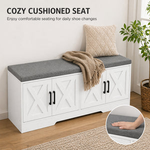 Banc à chaussures avec coussin, portes et étagères réglables pour entrée, blanc