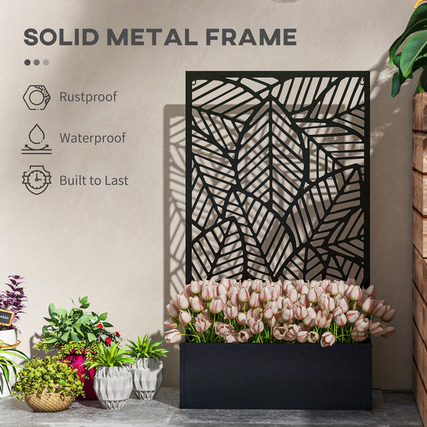 Jardinière surélevée en métal avec panneau d'intimité et bac à fleurs, fixation murale ou autoportante, noire