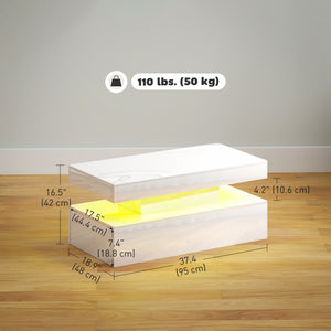 Table basse LED avec 2 tiroirs et étagère ouverte, blanc brillant