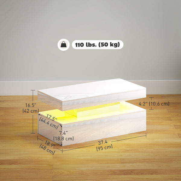 Table basse LED avec 2 tiroirs et étagère ouverte, blanc brillant