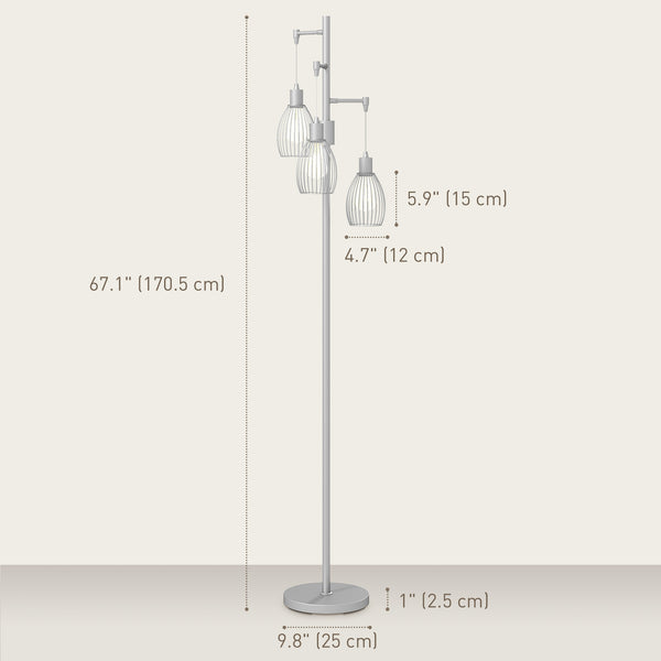 Lampadaire industriel avec 3 abat-jour suspendus, argent