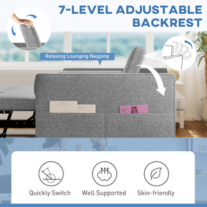 Futon two-seater trundle sofa bed in linen with USB ports, grey