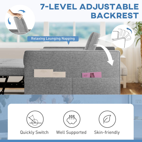 Futon two-seater trundle sofa bed in linen with USB ports, grey
