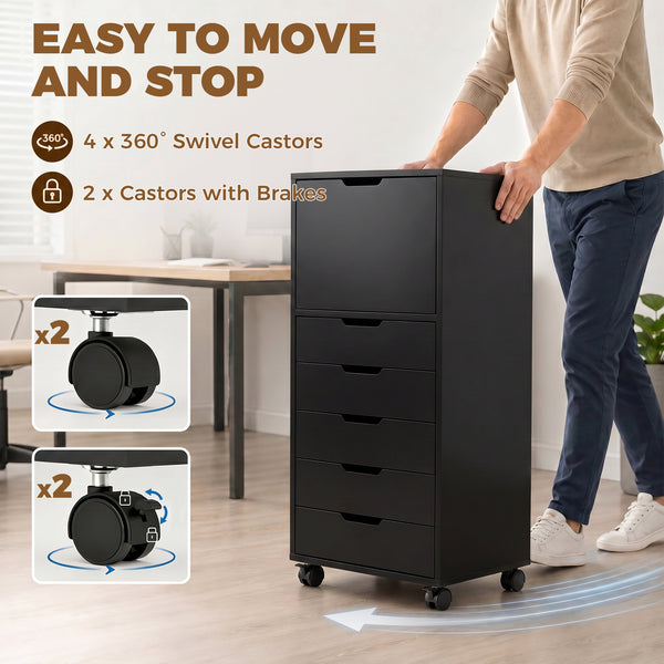 File Cabinet on Wheels Mobile Printer Stand with 5 Drawers for Home Office Black