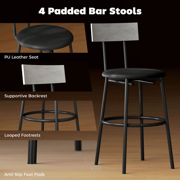 5-piece bar table set for 4 people with footrest and steel frame for the kitchen, cement grey
