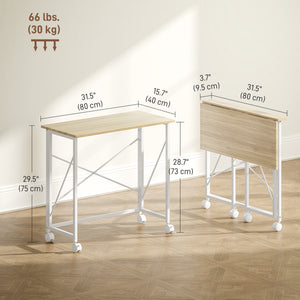 Bureau pliable compact sur roulettes pour petits espaces – Effet chêne et blanc