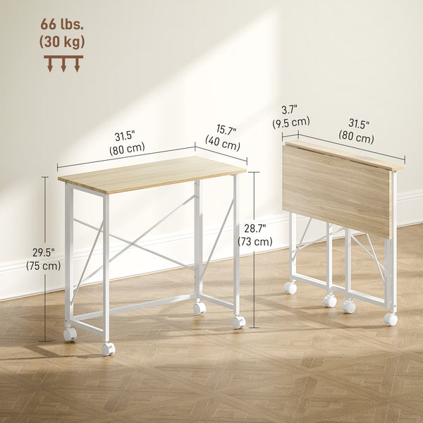 Bureau pliable compact sur roulettes pour petits espaces – Effet chêne et blanc