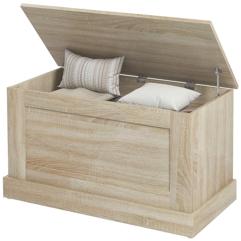 Coffre de rangement avec charnière de sécurité, aspect bois naturel