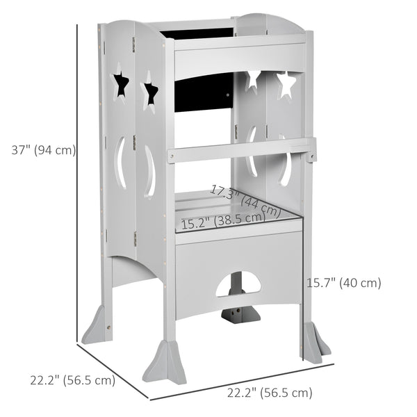 Tabouret de cuisine pliable pour tout-petits avec tableau noir et rampe verrouillable, Gris