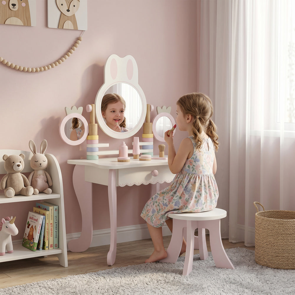 Coiffeuse pour enfants avec 3 miroirs et tabouret, rose