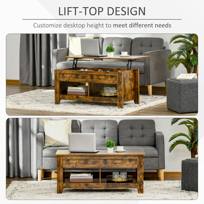 Table basse relevable avec compartiment de rangement dissimulé et étagères ouvertes, marron