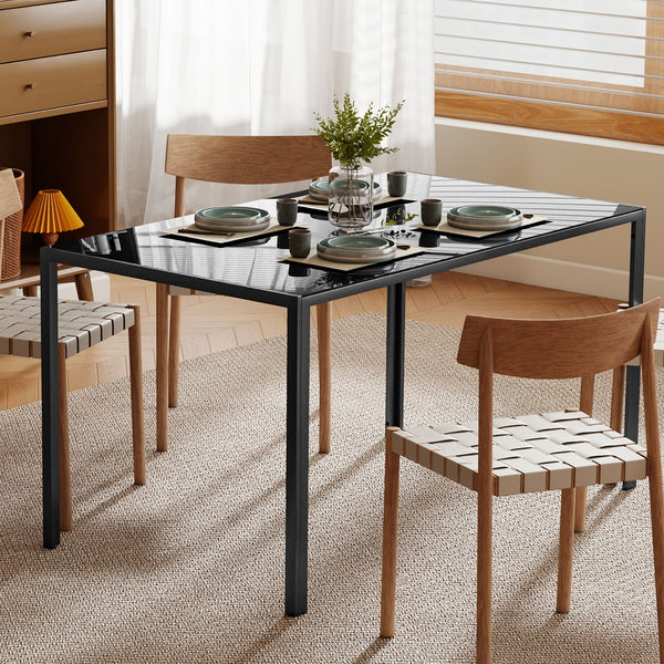 Rectangular kitchen table for 4 people with black tempered glass top