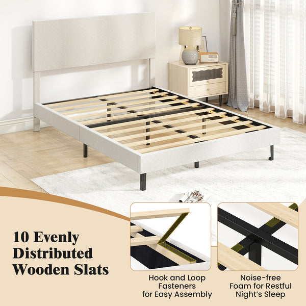 Twin/Full/Queen size velvet platform bed frame, upholstered with beige chevron headboard - Full