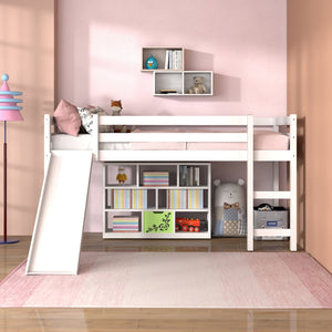 Lit mezzanine simple bas et robuste avec toboggan en bois blanc