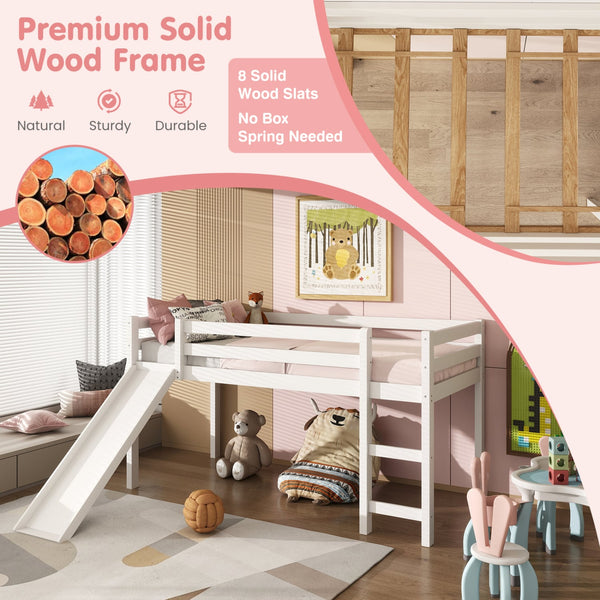 Lit mezzanine simple bas et robuste avec toboggan en bois blanc