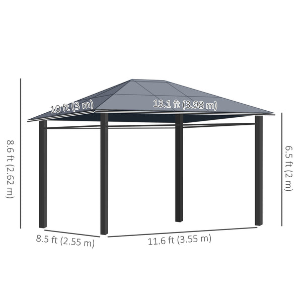 Gazebo de jardin 13' x 10' en polycarbonate rigide, avec cadre en aluminium et rideaux, gris foncé