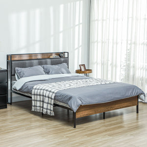 Cadre de lit Queen Size avec station de charge, tête de lit rembourrée et étagère de rangement, noyer