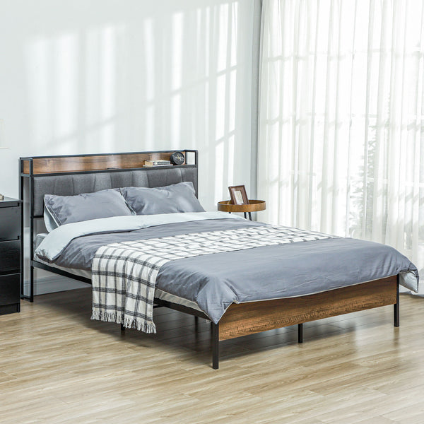 Cadre de lit Queen Size avec station de charge, tête de lit rembourrée et étagère de rangement, noyer