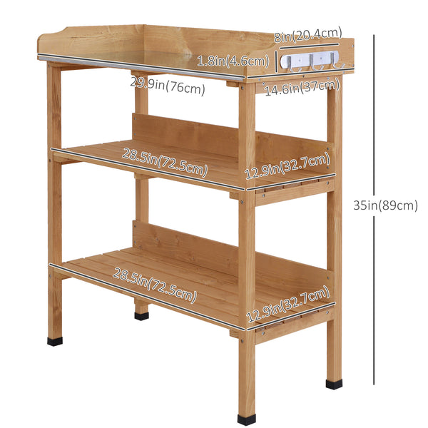 Wooden garden table with storage shelf for tools and hooks