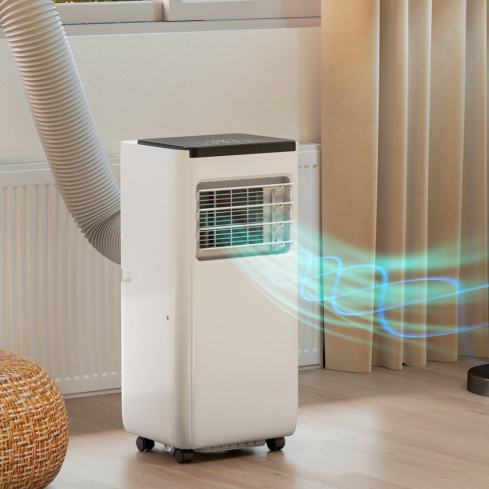 Climatiseur portable 4 en 1 10 000 BTU avec fonctions refroidissement, déshumidification, ventilation, mode sommeil, télécommande vocale Wi-Fi, blanc