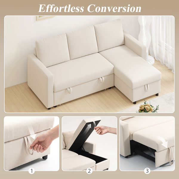 83" Sofa Bed, Pull Out Sleeper L Shaped Sectional Couch with Reversible Storage Chaise, Wide and Deep Seat, Cream White