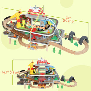 79-piece wooden mine-themed train set with crane, helicopter, tracks and accessories, for boys and girls aged 3 and up