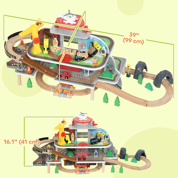 79-piece wooden mine-themed train set with crane, helicopter, tracks and accessories, for boys and girls aged 3 and up