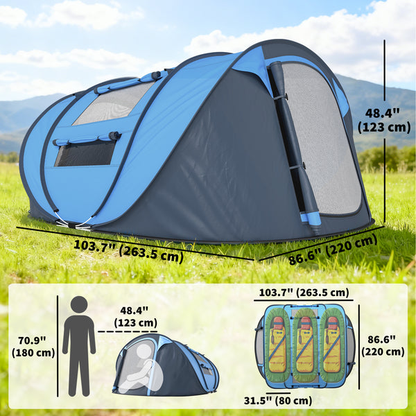 Tente de camping 4 personnes, montage instantané facile avec portes, fenêtres et sac de transport, idéale pour la randonnée, bleue