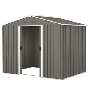 Metal garden shed with lockable sliding doors and ventilation, light grey