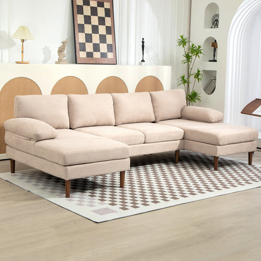 HOMCOM U-shaped sofa with double chaise longue, modern 4 seater sofa with wooden legs, fabric sofa for living room, beige