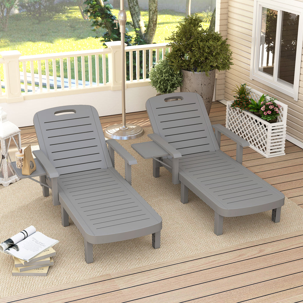 Set of 2 Tanning Chair, 5 Positions Adjustable Outdoor Lounge Chairs with Foldable Side Table, Dark Grey
