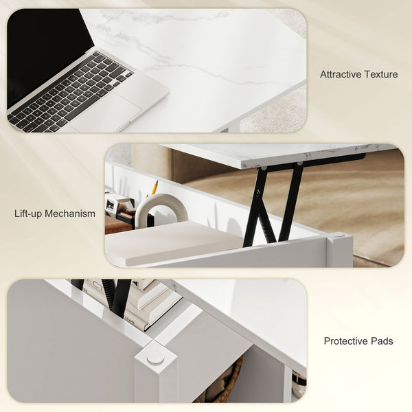Modern lift-top coffee table with storage shelves and hidden compartment, white