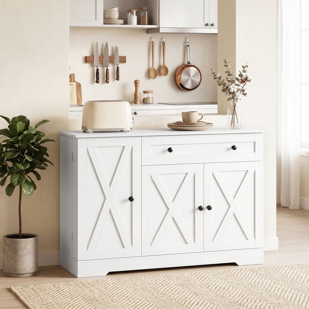 Buffet à café de style ferme avec portes, étagères réglables, tiroir, portes de grange, blanc