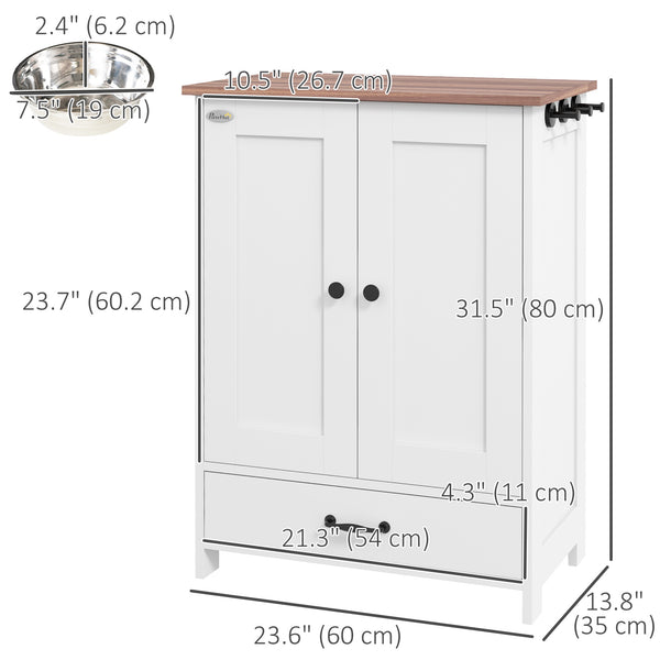 Station de rangement pour nourriture pour chiens avec gamelles, blanc