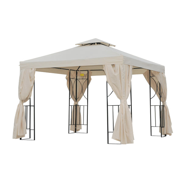 Gazebo 10 x 10 avec toit à double pente et parois latérales, blanc crème