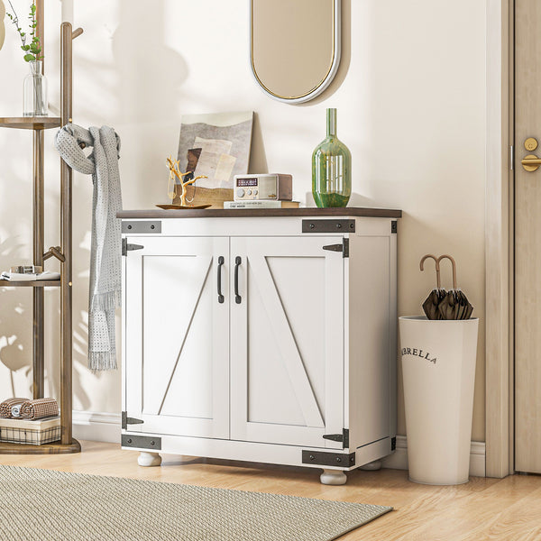 Buffet de rangement avec porte coulissante de style grange et étagères réglables, blanc et marron