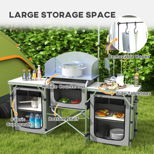Cuisine de camping en aluminium pliante et portable avec placards en tissu, grise